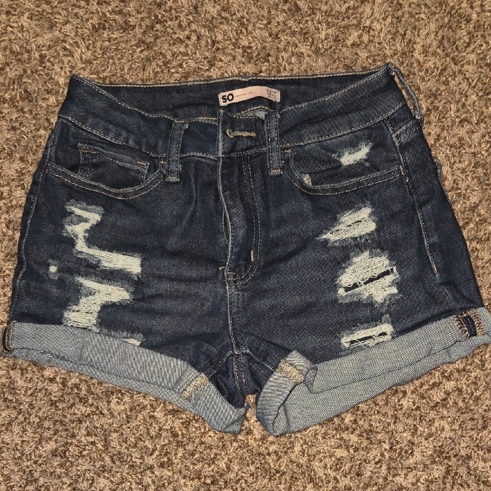SO Women's Ripped Jean Shorts - Dark Blue